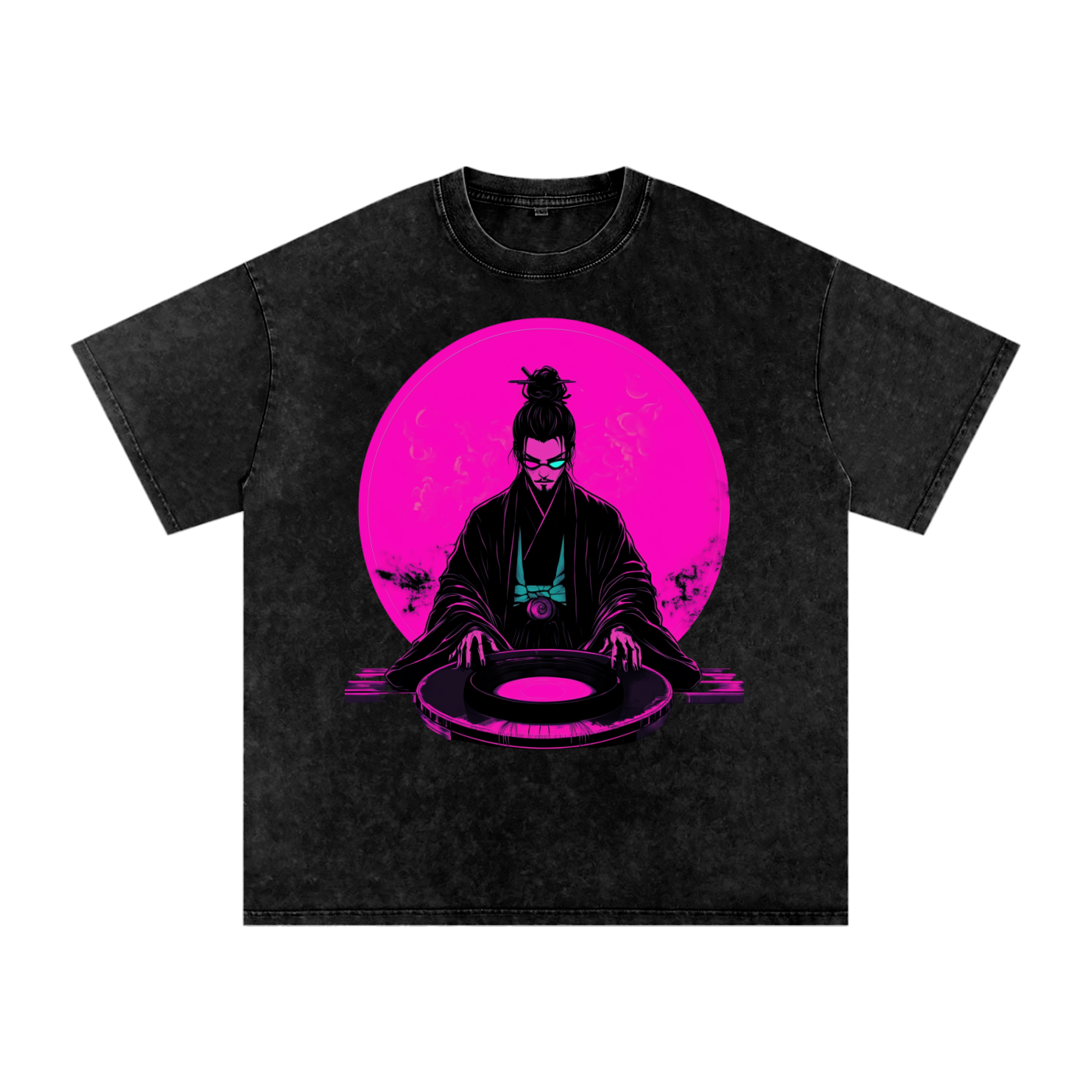 Neon Moon DJ Edo Samurai Wizard Traveler Grunge Punk Rave Festival Acid Wash Oversize T-Shirt - 250 GSM