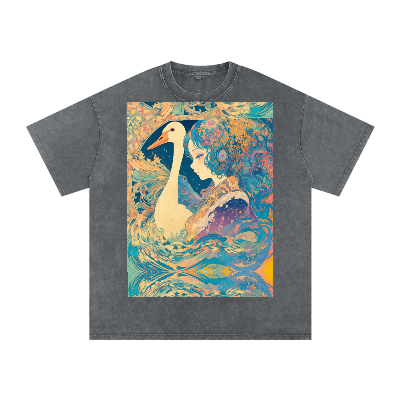 Goose Psychedelic Art Nouveau Moon Beach Wave Bordered Silhouette Anime Pagan Water Goddess Unisex T-Shirt--Snow Washed Oversized Cotton T-Shirt