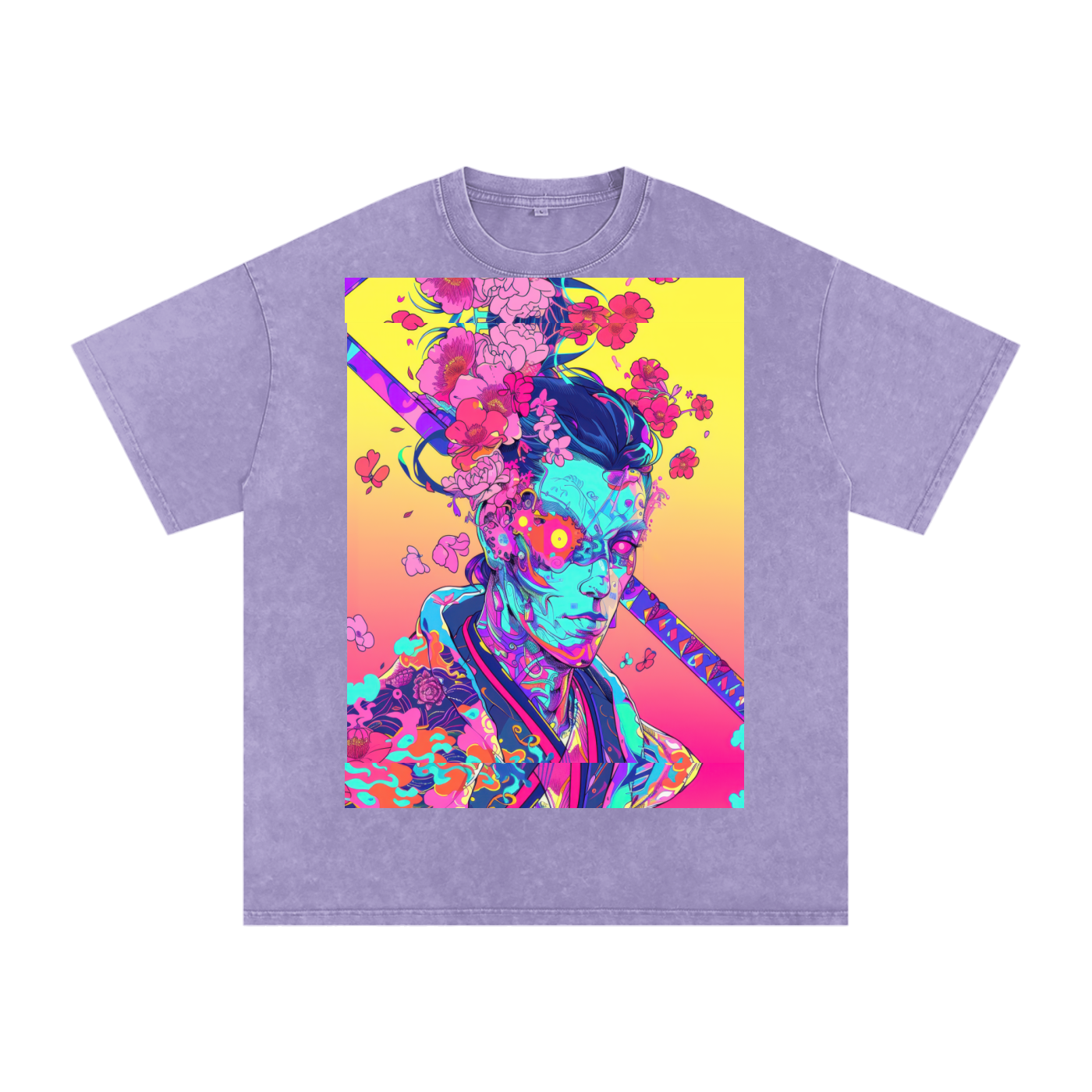 Avant Ombre Floral Samurai Cherry Blossoms Unisex Tee Snow Washed Oversized Cotton T-Shirt