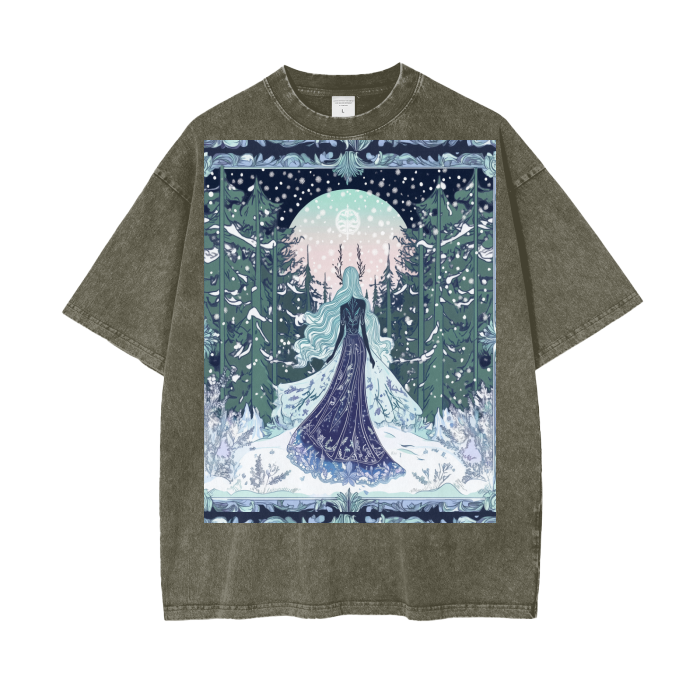 Winter Goddess Maiden Enters Full Moon Woodland Tree Sky Border Acid Wash Oversize T-Shirt - 250 GSM