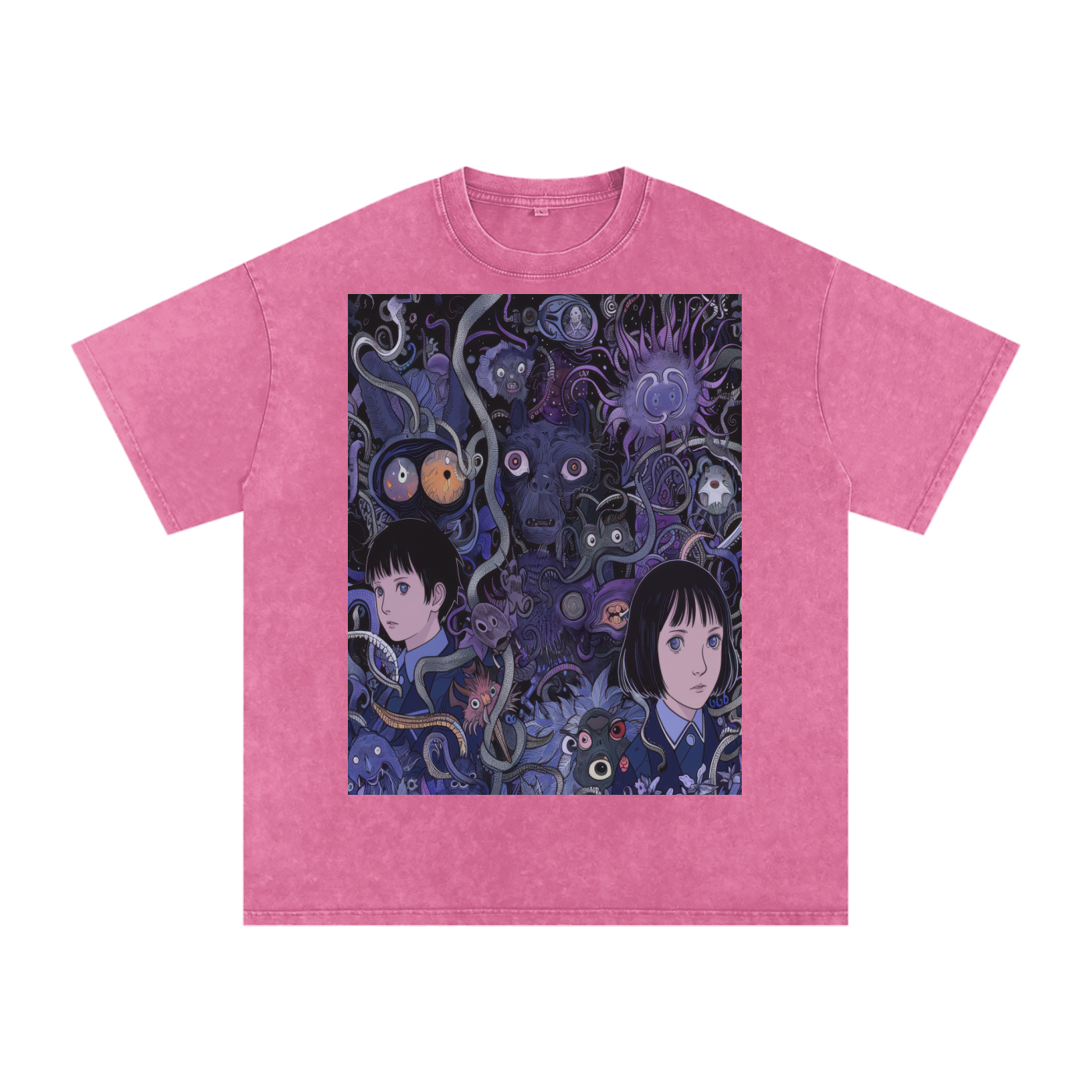 Purple Horror Anime Vine Creature Scene Unisex Tee Snow Washed Oversized Cotton T-Shirt