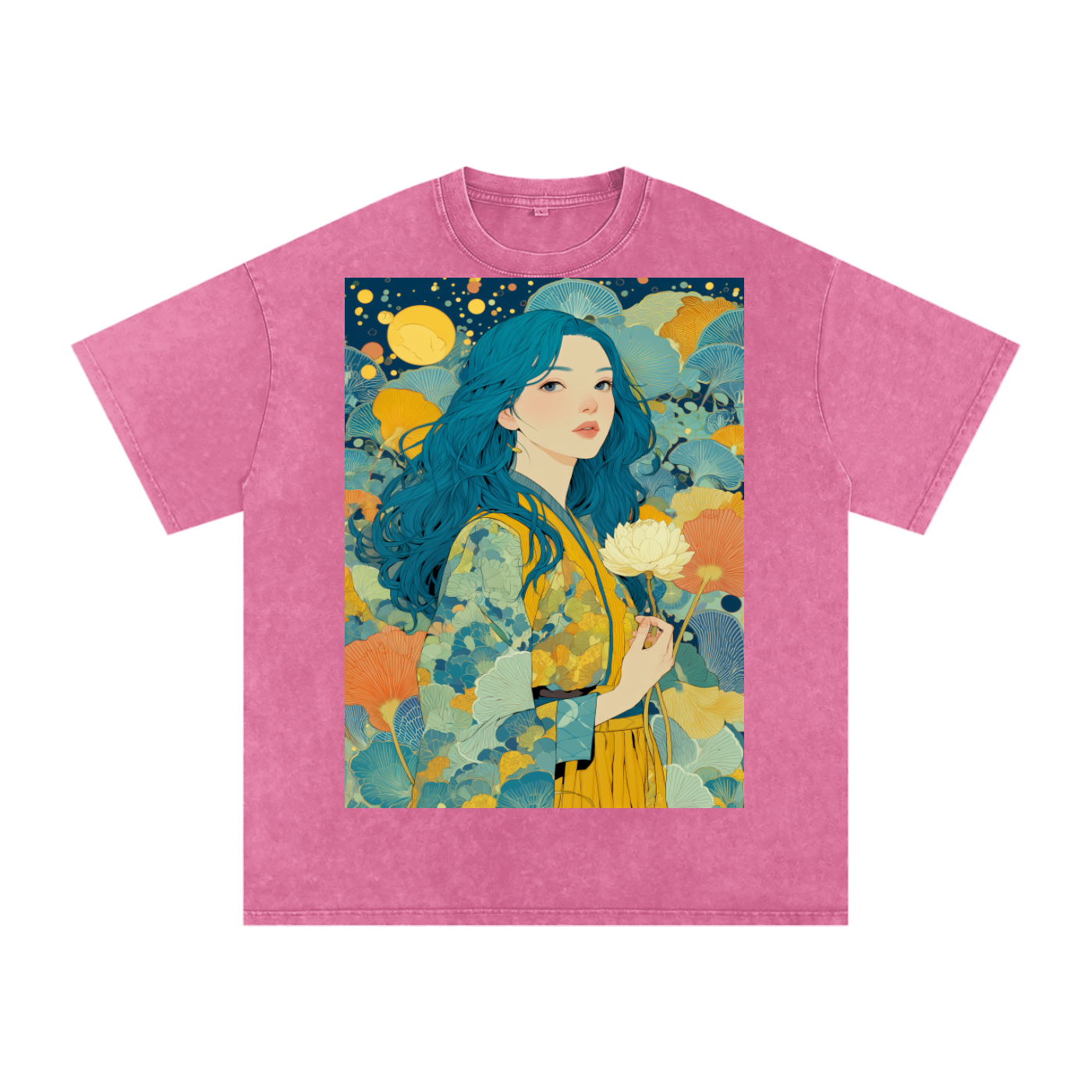 Teal Full Moon Lotus Goddess Psychedelic Art Nouveau Snow Washed Oversized Cotton T-Shirt