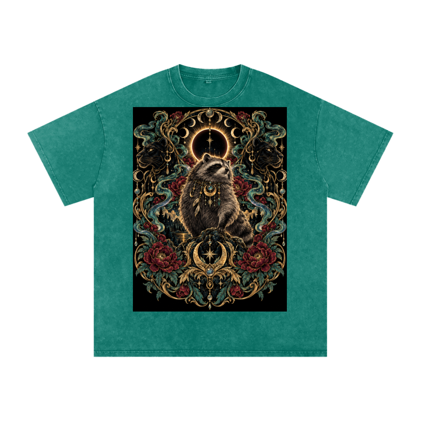 Racoon Crescent Panther Moonlight Grunge Washed Oversized Cotton T-Shirt