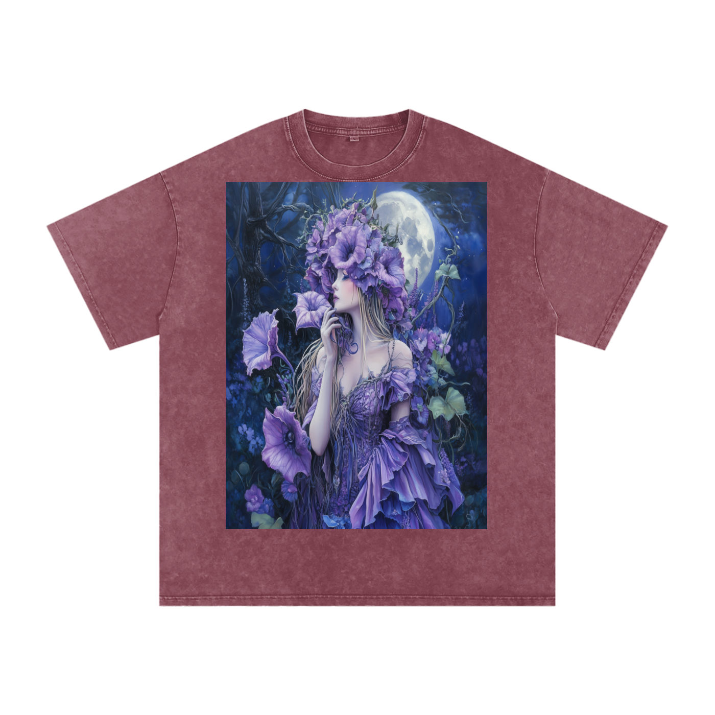 Lavender Datura Moon lit Trumpet Flower Fairy Snow Washed Oversized Cotton T-Shirt
