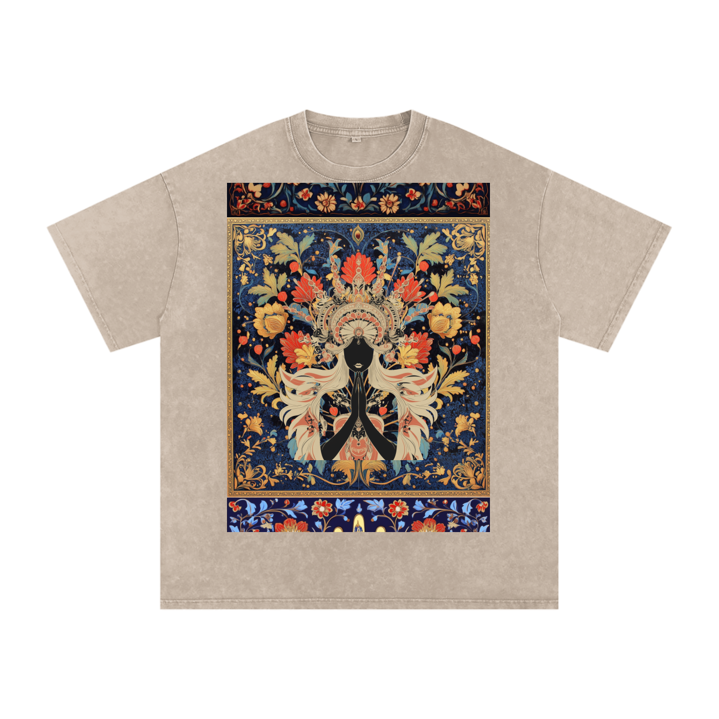 Dark Levant Eastern Nile Boho Floral Prayer Goddess Graphic Festival Unisex Classic T-Shirt-Snow Washed Oversized Cotton T-Shirt