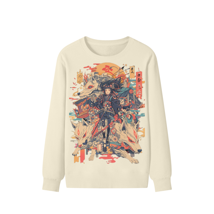 Sepia Fox Yokai Samurai Scroll Girl Streetwear Pullover Classic Sweater - 300 GSM