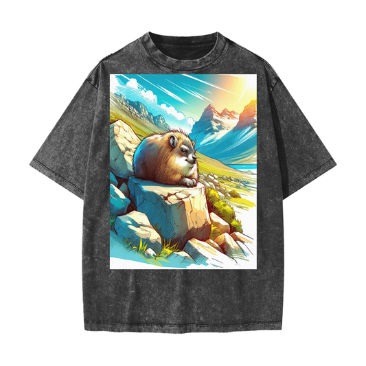 Anime Hyrax Blue skies basking on Rocks in field Festival Rave Unisex T-Shirt Heavyweight Snow Washed T-Shirt