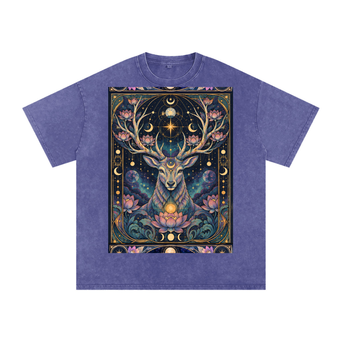 Cosmic Space Deer Lotus Moon Grunge Psy Festival Snow Washed Oversized Cotton T-Shirt