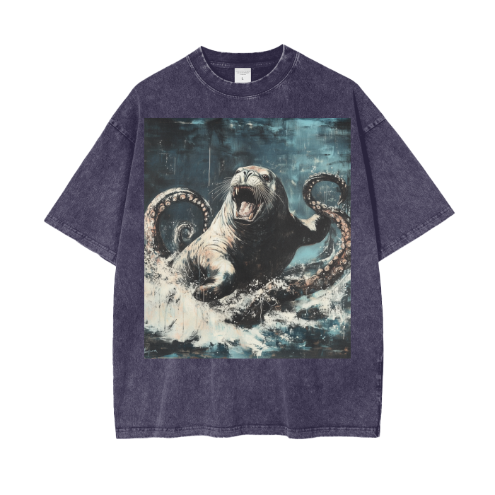 Rustic Kraken Vs Sea Lion Ocean Waves Acid Wash Oversize T-Shirt - 250 GSM
