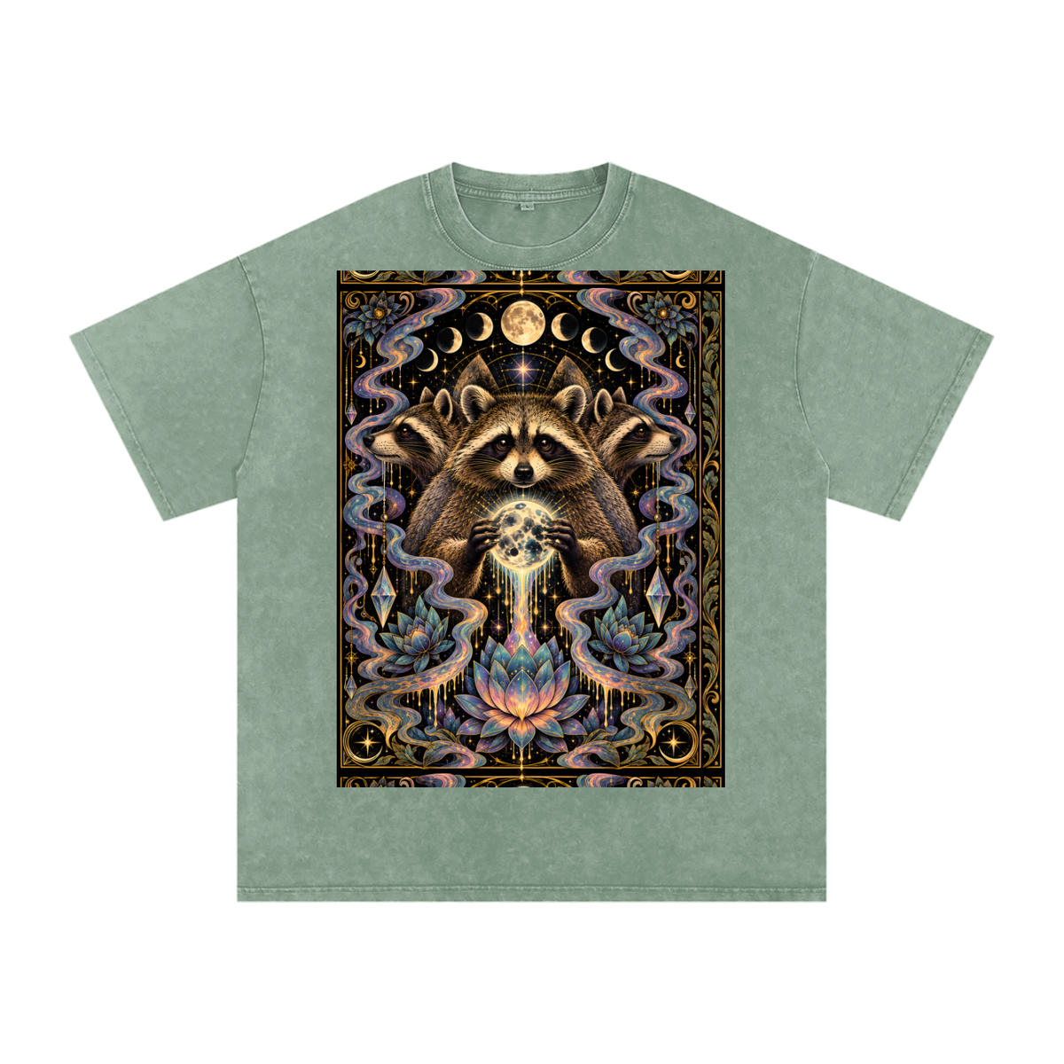 Raccoon Rorshach Moon Lotus Drip Snow Washed Oversized Cotton T-Shirt