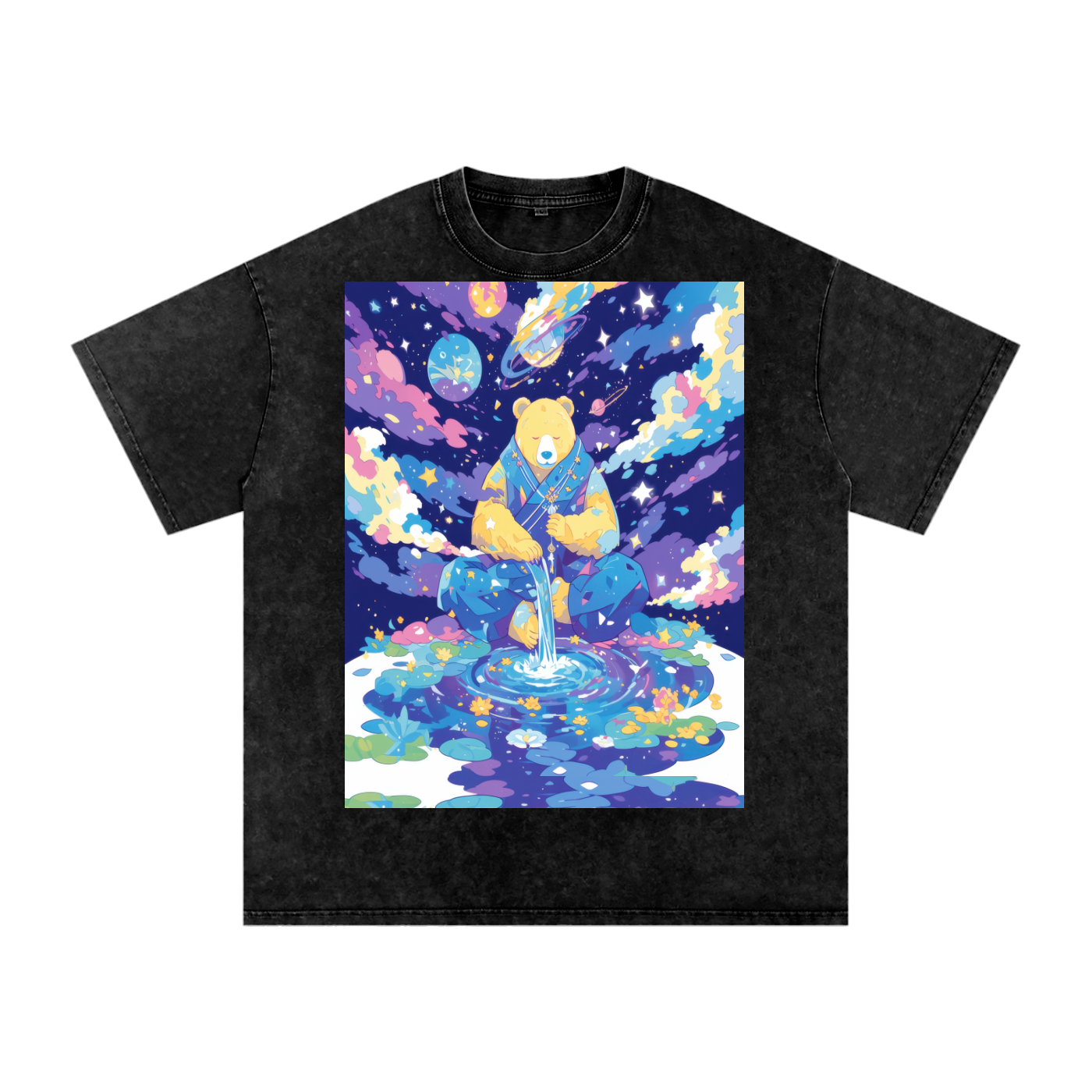 Bear Space GratefulGalactic Space Lotus Pond Drip Color Pond Unisex Tee Snow Washed Oversized Cotton T-Shirt