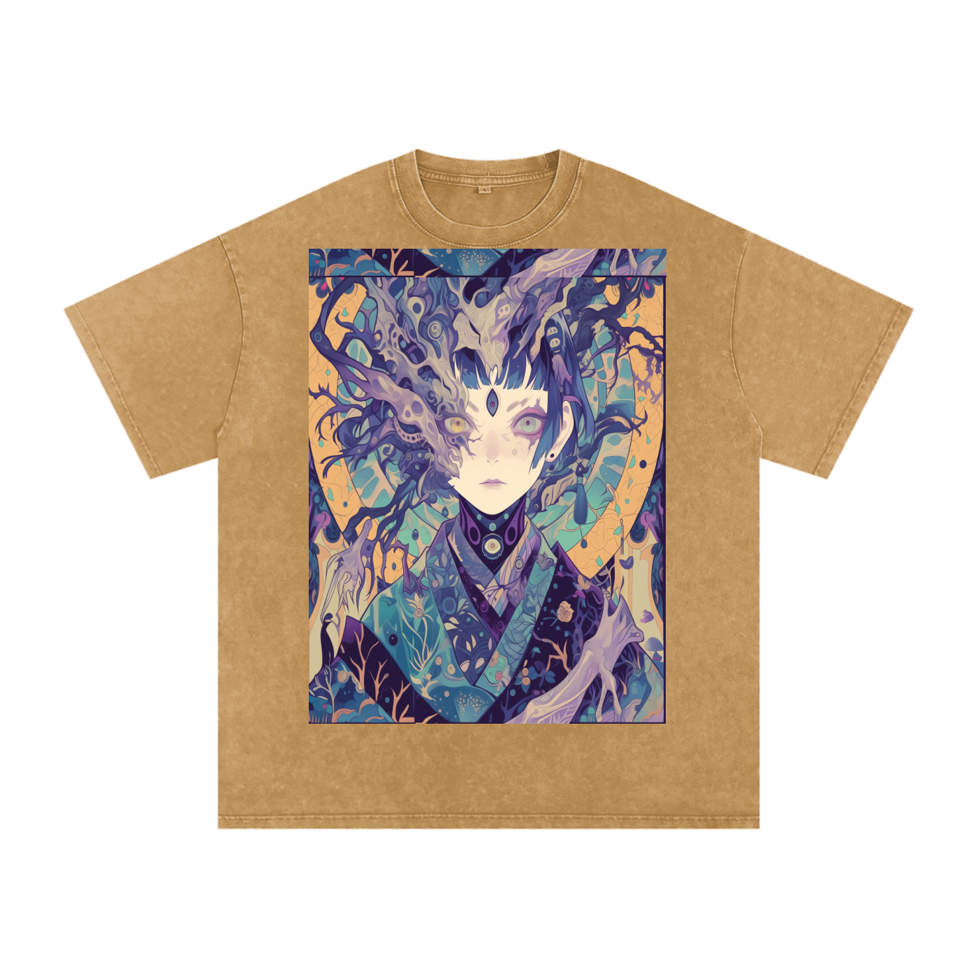 Ice Avant Kimono Anime Phantom Goddess Anime Blue Purple Pastel Grunge Rave Festival Snow Washed Oversized Cotton T-Shirt