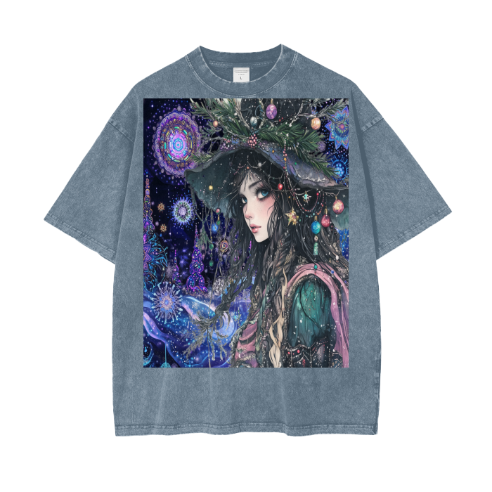 Winter Holiday Christmas Foliage Tree Goddess in the woods of Fractal psychedelic Neon Sky Acid Wash Oversize T-Shirt - 250 GSM