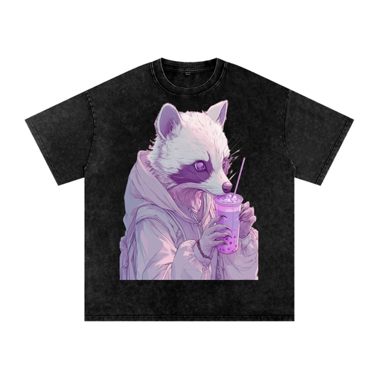 Pastel Pink Lavender Racoon Rainy Day Grunge Punk Anime Boba Tea Boyfriend fit Acid Wash Oversize T-Shirt - Cotton  Acid Wash Oversize T-Shirt - 250 GSM
