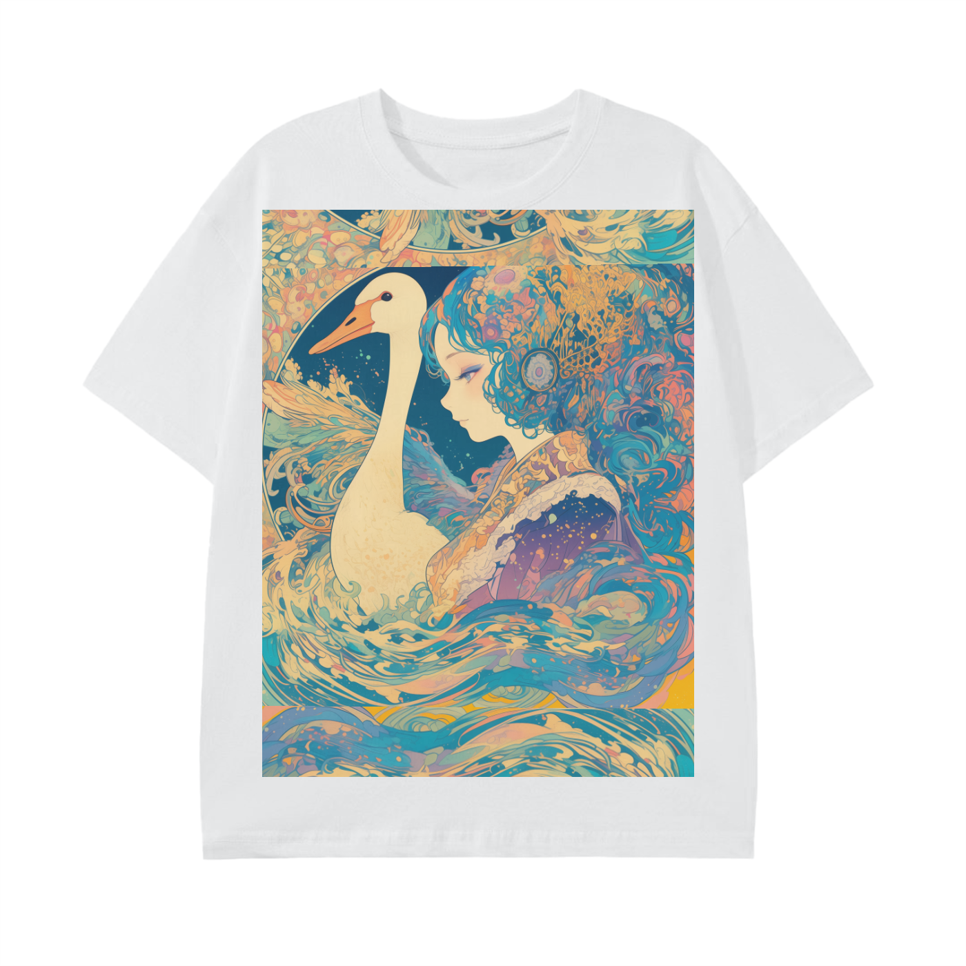 Goose Psychedelic Art Nouveau Moon Beach Wave Bordered Silhouette Anime Pagan Water Goddess Unisex Classic T-Shirt