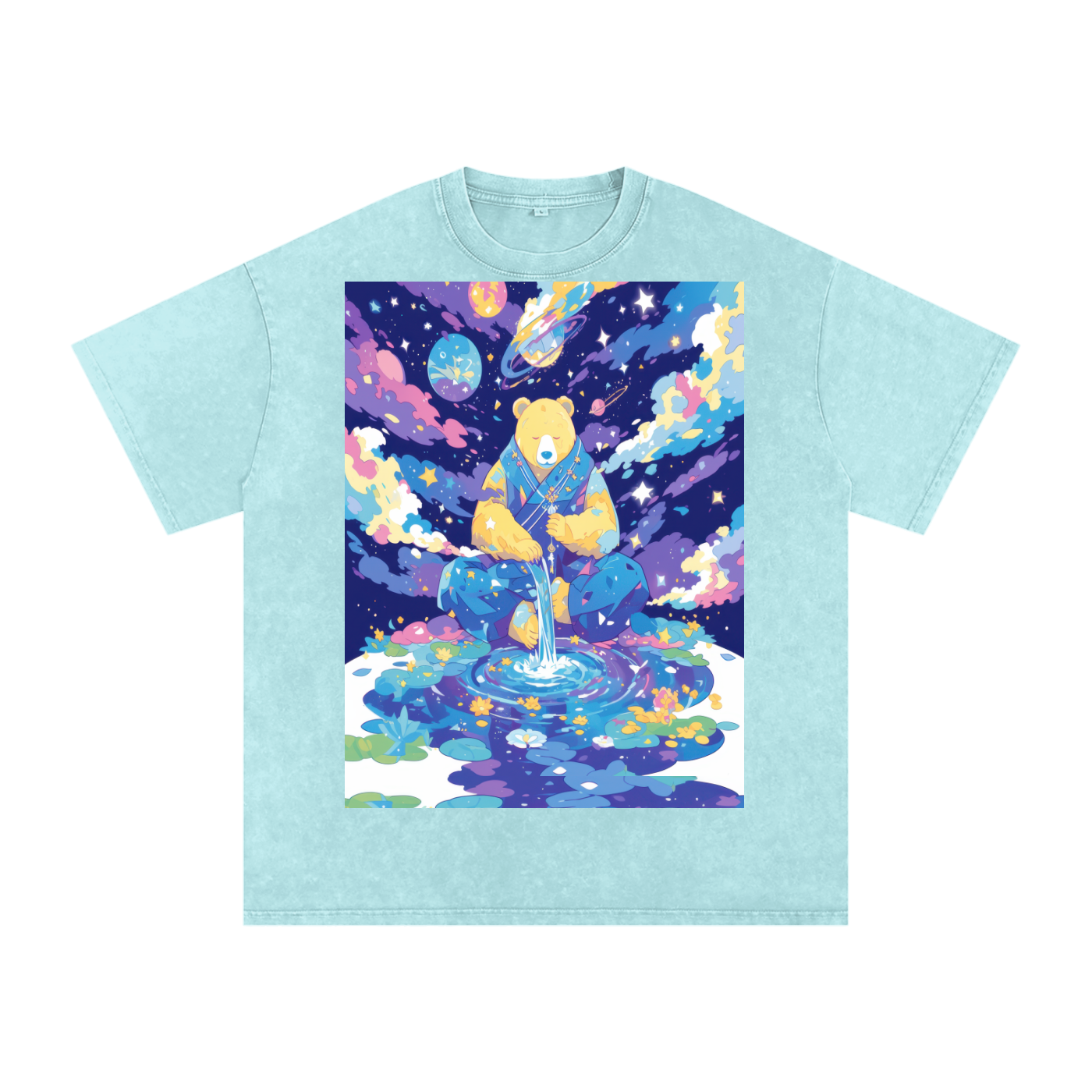 Bear Space GratefulGalactic Space Lotus Pond Drip Color Pond Unisex Tee Snow Washed Oversized Cotton T-Shirt