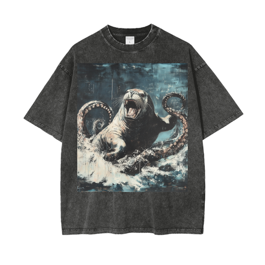 Rustic Kraken Vs Sea Lion Ocean Waves Acid Wash Oversize T-Shirt - 250 GSM