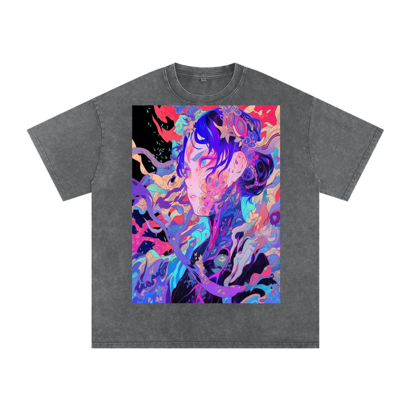 Fractal Kaleidescope Avant Anime lady Uv Neon Unisex Snow Washed Oversized Cotton T-Shirt