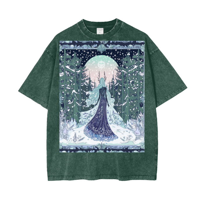 Winter Goddess Maiden Enters Full Moon Woodland Tree Sky Border Acid Wash Oversize T-Shirt - 250 GSM