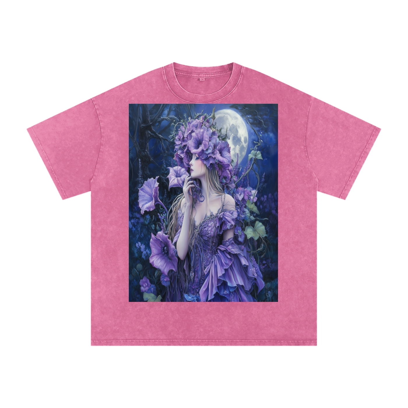 Lavender Datura Moon lit Trumpet Flower Fairy Snow Washed Oversized Cotton T-Shirt