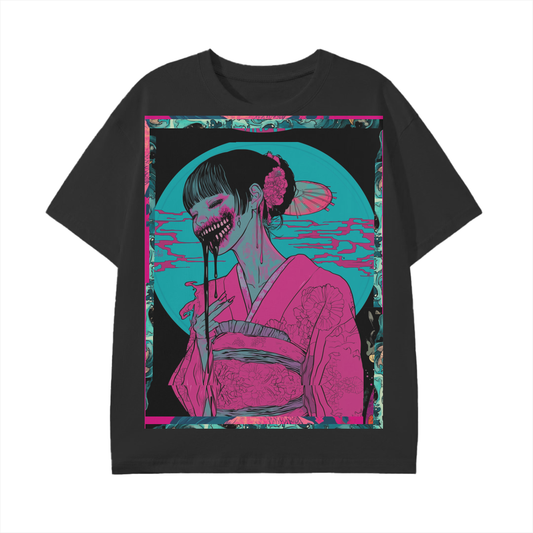 Kibuki Edo Pink Kimono Teal Moon Beach Night Dark Yokai Ohaguro Woman Unisex Classic T-Shirt - 180 GSM