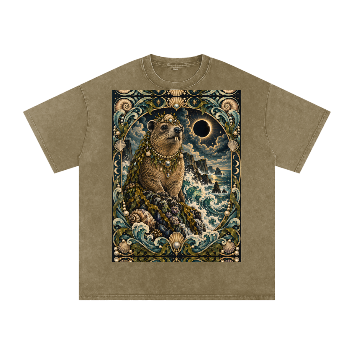 Sea Waves Hyrax Eclipse Moon Night Hyrax Royal Noble Steed Grunge Tooth Snow Washed Oversized Cotton T-Shirt