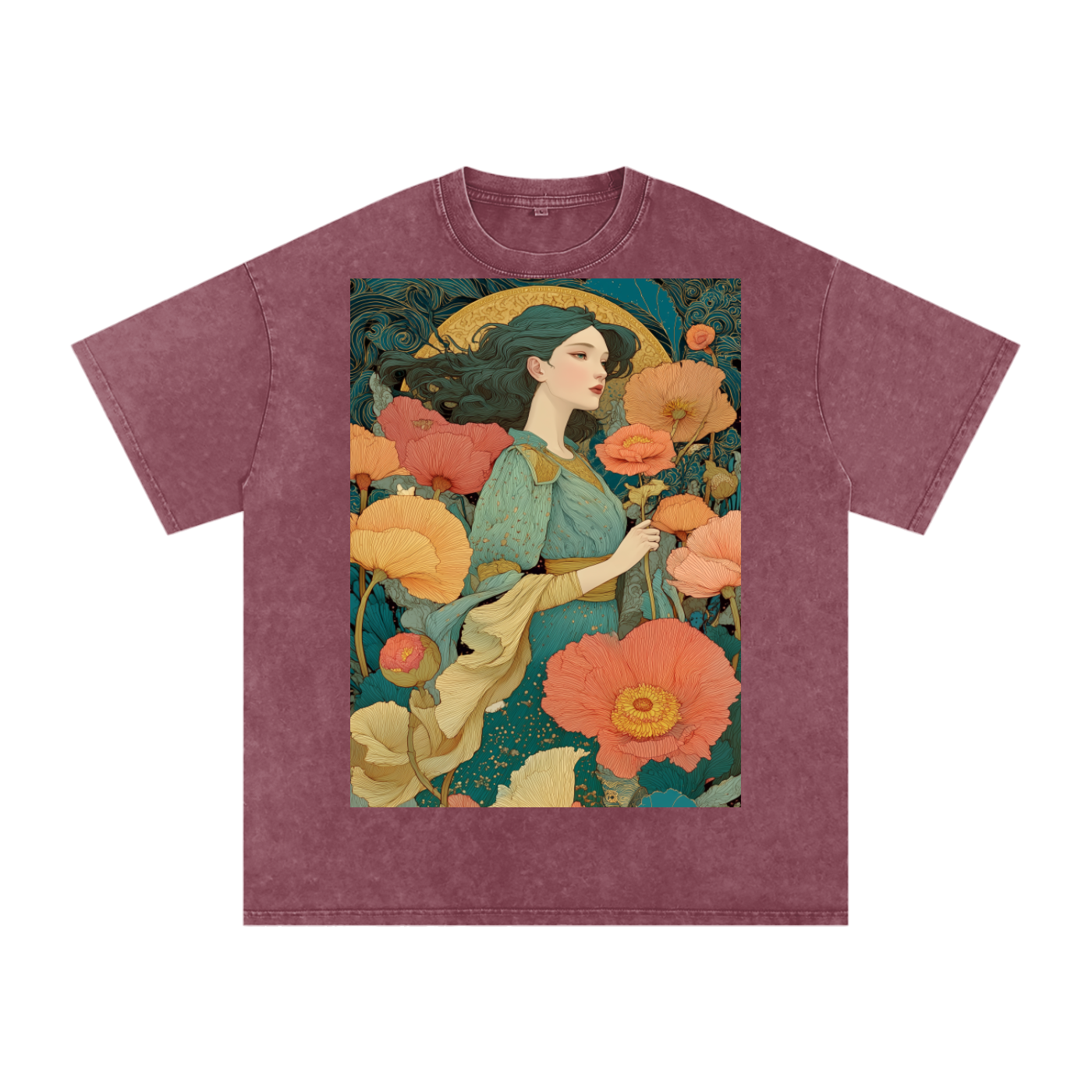 Teal Floral Nouveau Moon Field maiden Snow Washed Oversized Cotton T-Shirt