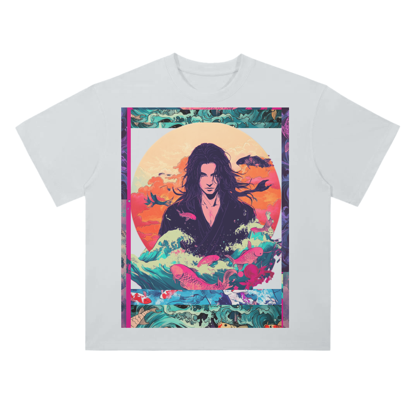 Retro Beach Koi Edo Shaman Kibuki Man Beach Wave Sun Melt Skyline Vision Graphic Drop Shoulder T-Shirt