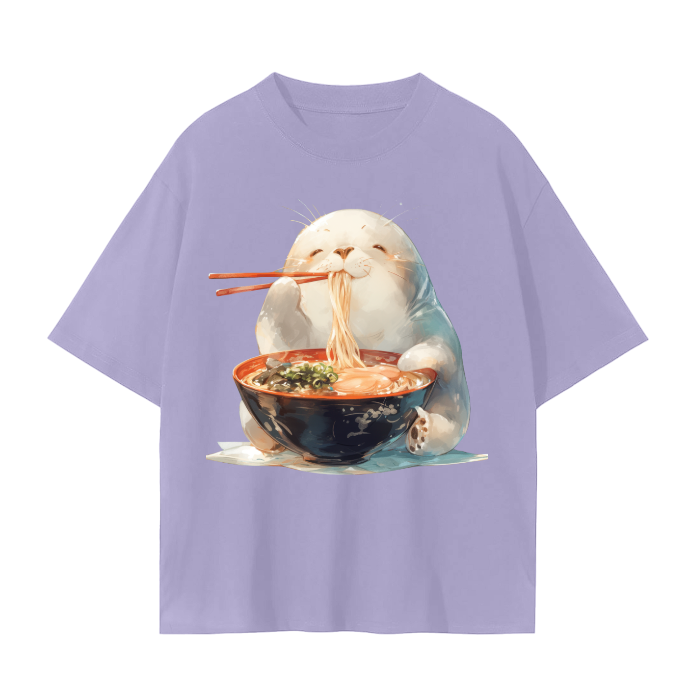 Happy Chibi Anime Seal Eating Ramen with Chopsticks Unisex Seamless T-Shirt