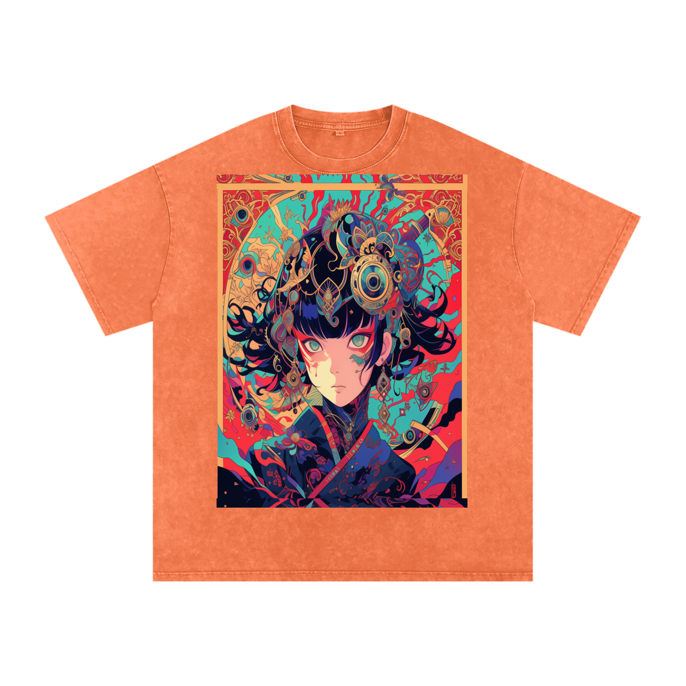 Red Fractal Kimono Anime Avant Lady hot colors Teal Moon Unisex Bordered fractal Tee| Bella Canvas Unisex Tee | Graphic Tee Print Snow Washed Oversized Cotton T-Shirt