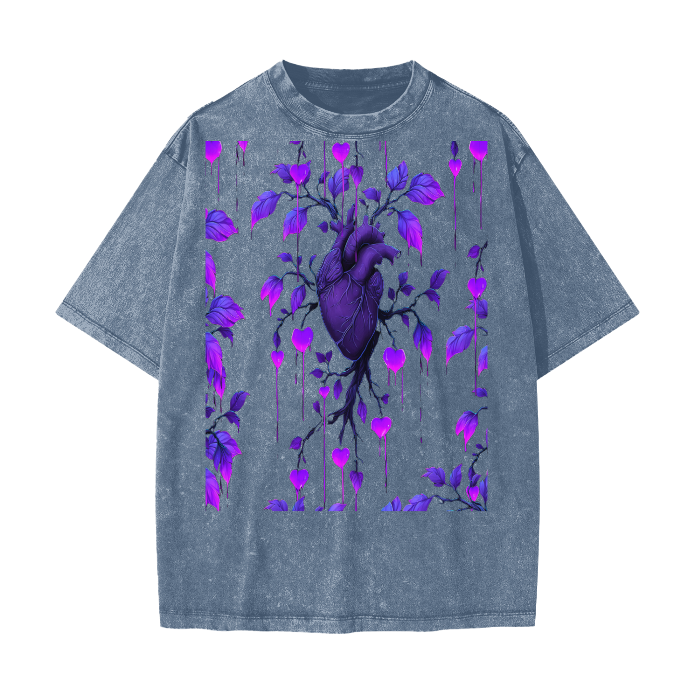 Neon Purple Heart Vine Goth Rave Festival Grunge Floral Snow Washed T-Shirt
