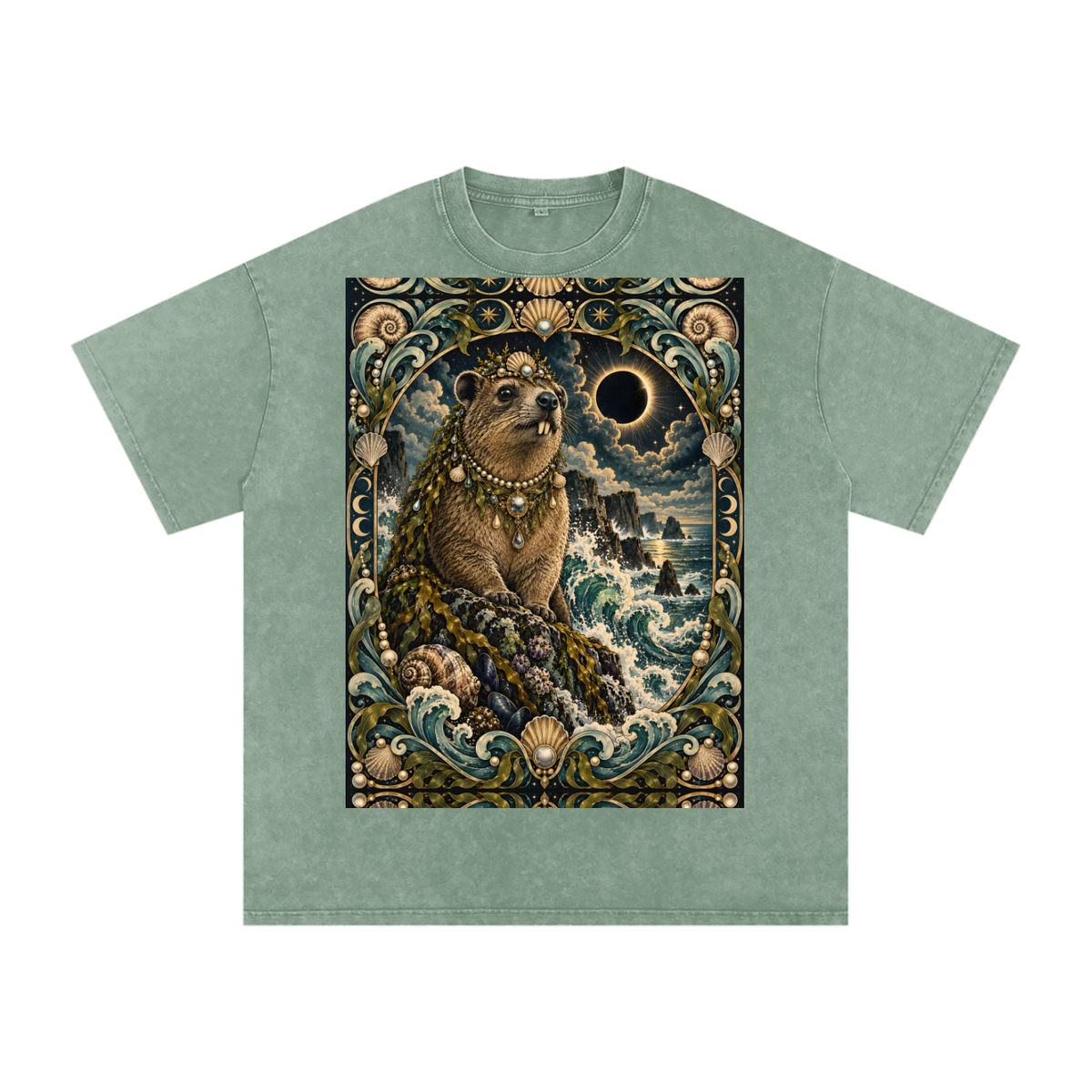 Sea Waves Hyrax Eclipse Moon Night Hyrax Royal Noble Steed Grunge Tooth Snow Washed Oversized Cotton T-Shirt