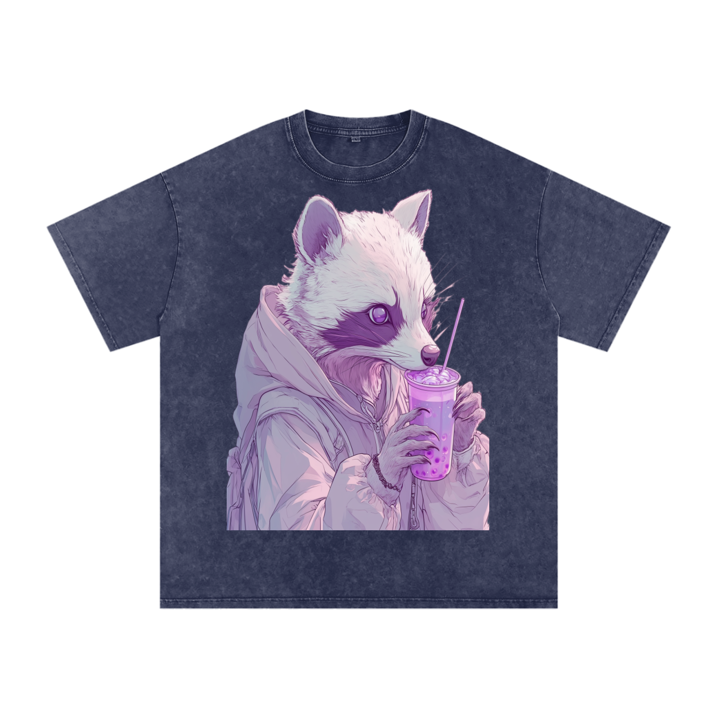 Pastel Pink Lavender Racoon Rainy Day Grunge Punk Anime Boba Tea Boyfriend fit Acid Wash Oversize T-Shirt - Cotton  Acid Wash Oversize T-Shirt - 250 GSM