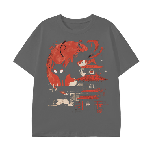 Shadow Cat Blood Moon Japan Anime Edo Shinto Yokai Shrine Washout Graphic Unisex Classic T-Shirt