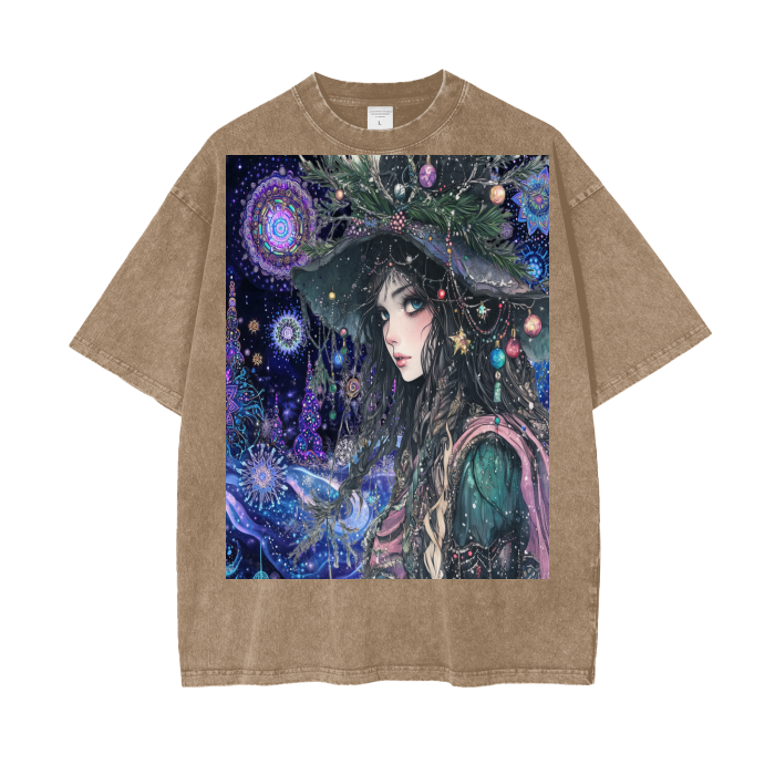 Winter Holiday Christmas Foliage Tree Goddess in the woods of Fractal psychedelic Neon Sky Acid Wash Oversize T-Shirt - 250 GSM