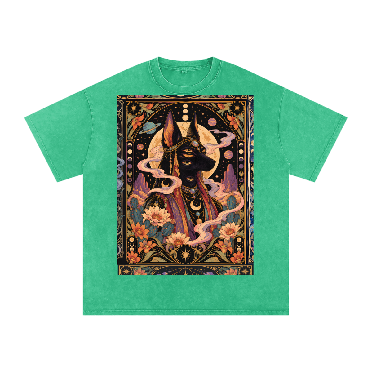 Anubis Egyptian Lotus Moon Tarot Grunge Psy Festival Snow Washed Oversized Cotton T-Shirt Tee