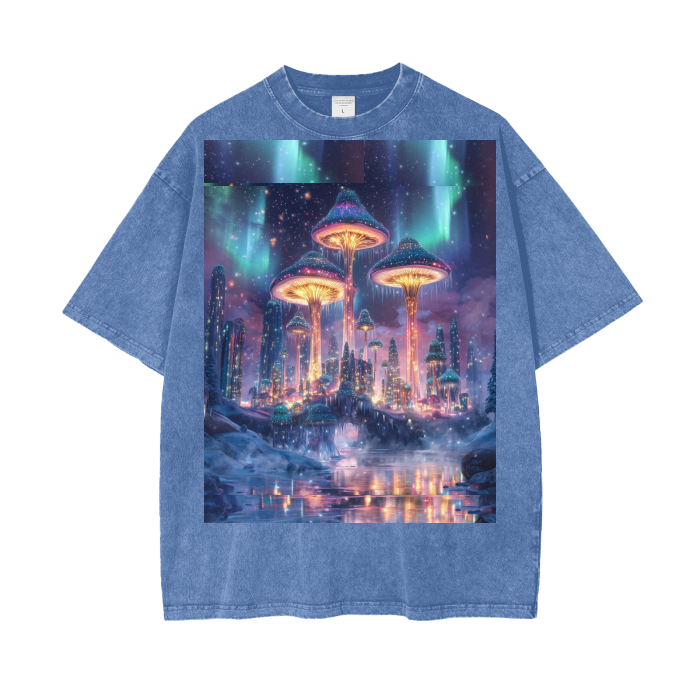 Mushroom City Northern Lights Borealis Bridge Psychedelic Dreamscape Festival Psy Streetwear Acid Wash Oversize T-Shirt - 250 GSM