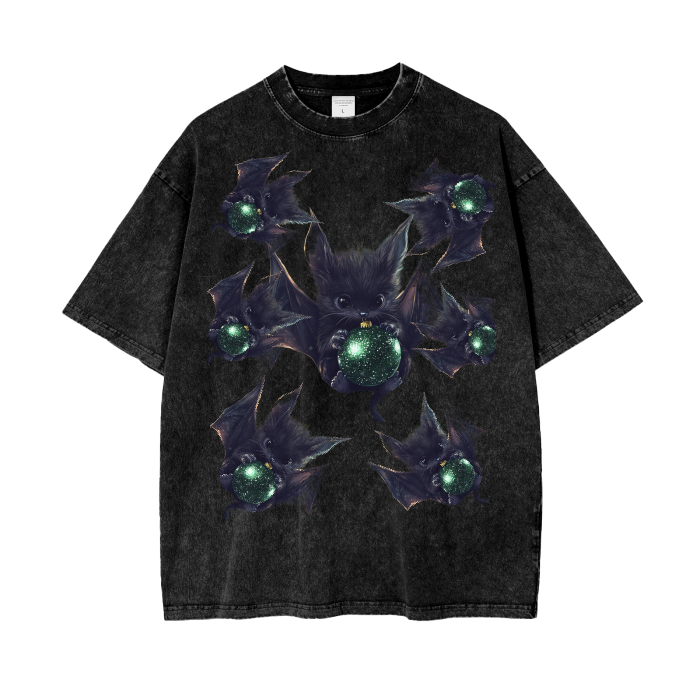 Glitter Chibi Anime Reflective Bat Swarm Green Christmas Ball Ornament Acid Wash Oversize T-Shirt - 250 GSM