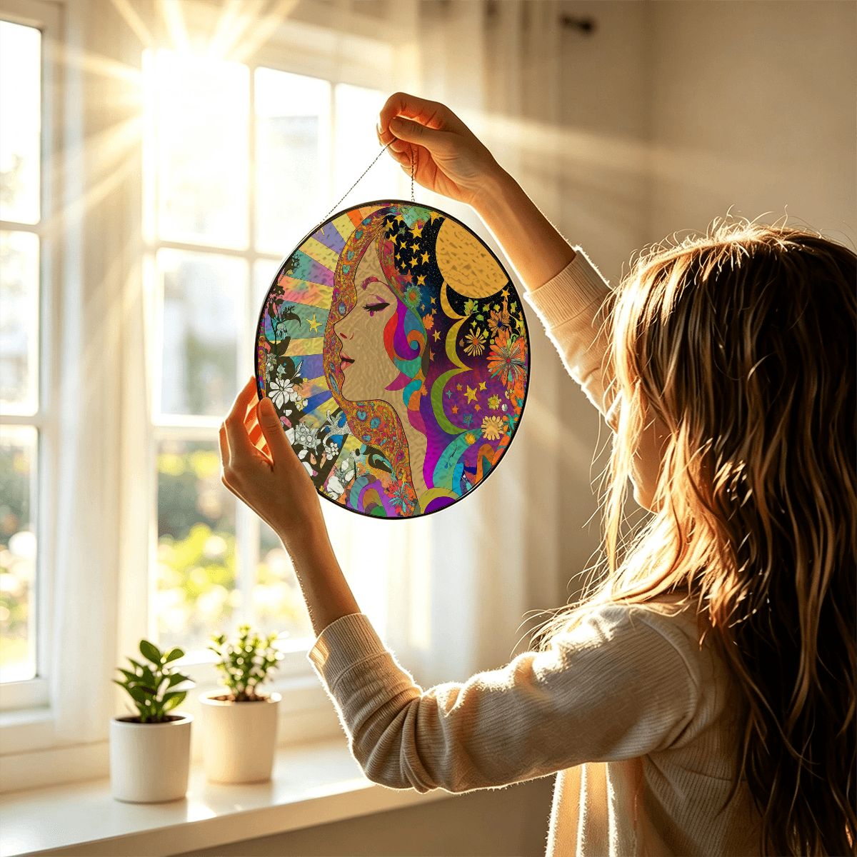 Stained Glass Suncatcher Art Neveau Psychedelic Celestial Sun Moon Beam Love Goddess Window Hanging