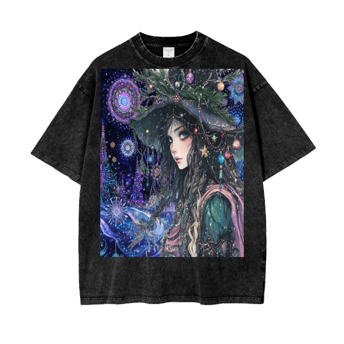 Winter Holiday Christmas Foliage Tree Goddess in the woods of Fractal psychedelic Neon Sky Acid Wash Oversize T-Shirt - 250 GSM