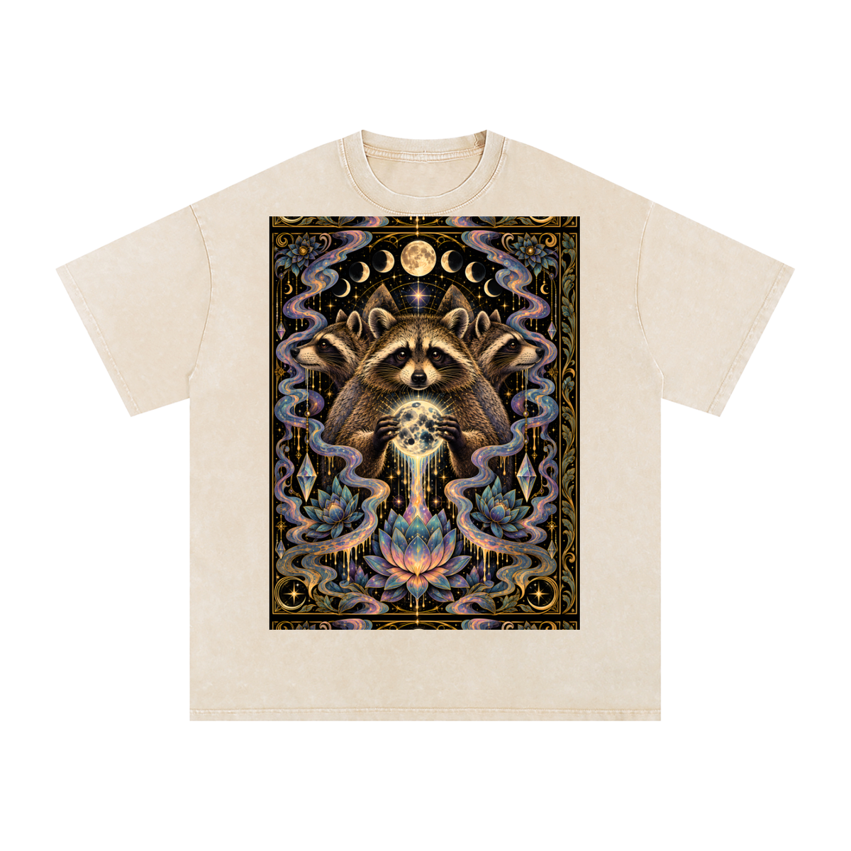 Raccoon Rorshach Moon Lotus Drip Snow Washed Oversized Cotton T-Shirt