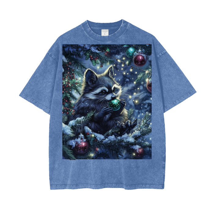 Winter Racoon Christmas Tree Christmas Ball Scene Acid Wash Oversize T-Shirt - 250 GSM