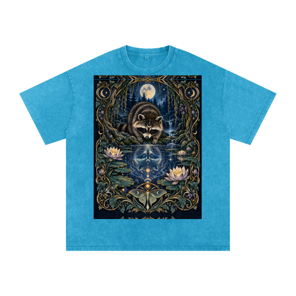 Raccoon Night Woods Lotus Reflection Fall Snow Washed Oversized Cotton T-Shirt