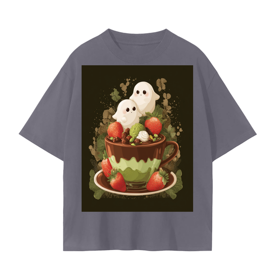 Anime Dubai Chocolate PIstachio Strawberry Cup of Chibi Ghost Kawaii Desert Latte Unisex Seamless T-Shirt