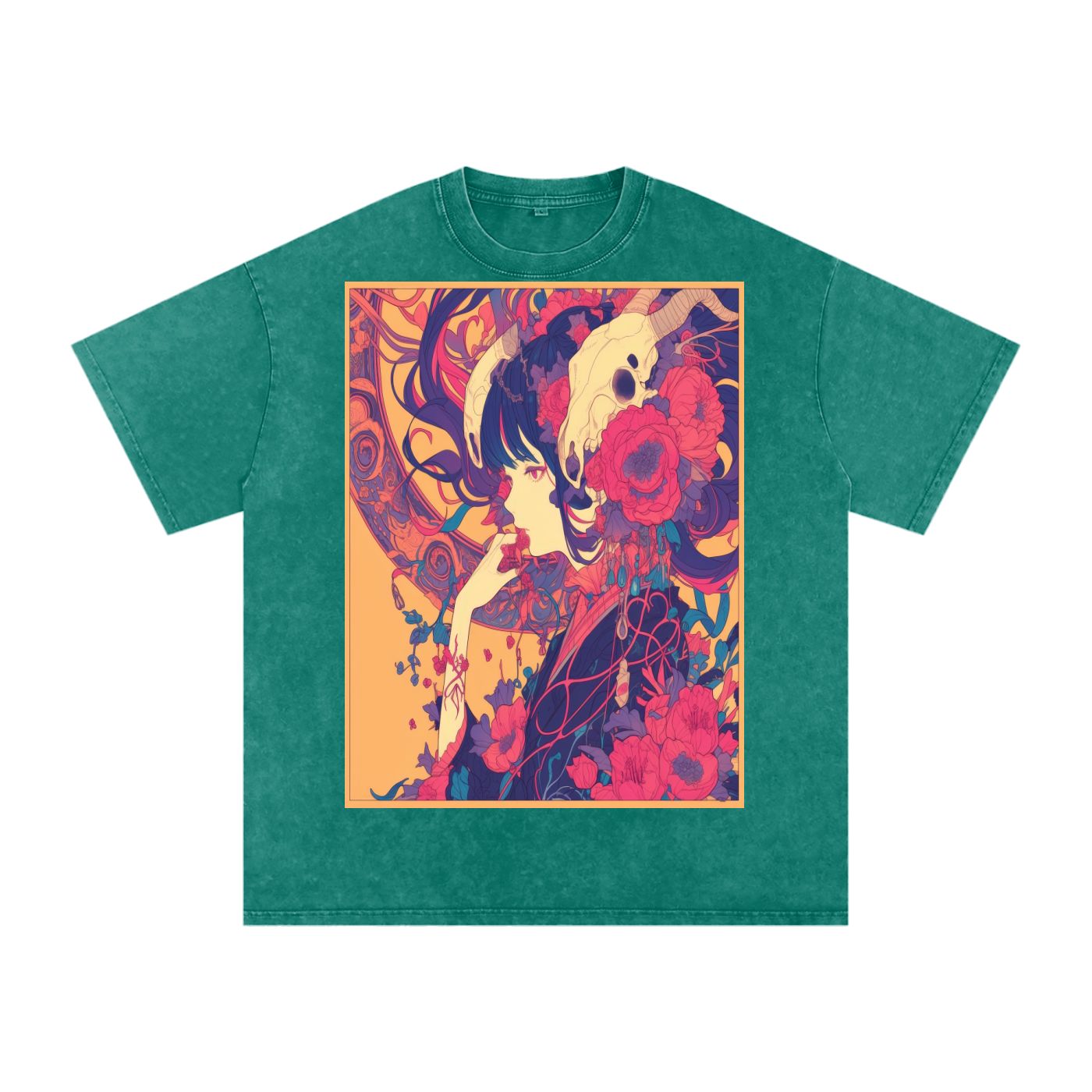 Autumn Avant Yellow Girl Floral Nouveau Skull Unisex Tee-Snow Washed Oversized Cotton T-Shirt