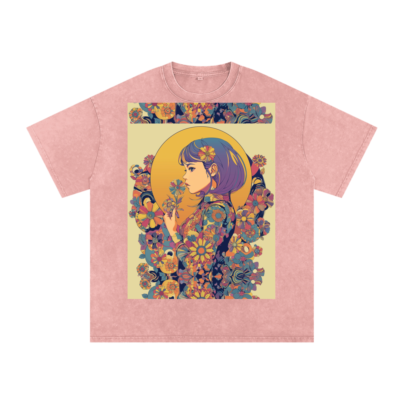 Retro Moon Boho Flapper Nouveau floral flower Maiden Snow Washed Oversized Cotton T-Shirt