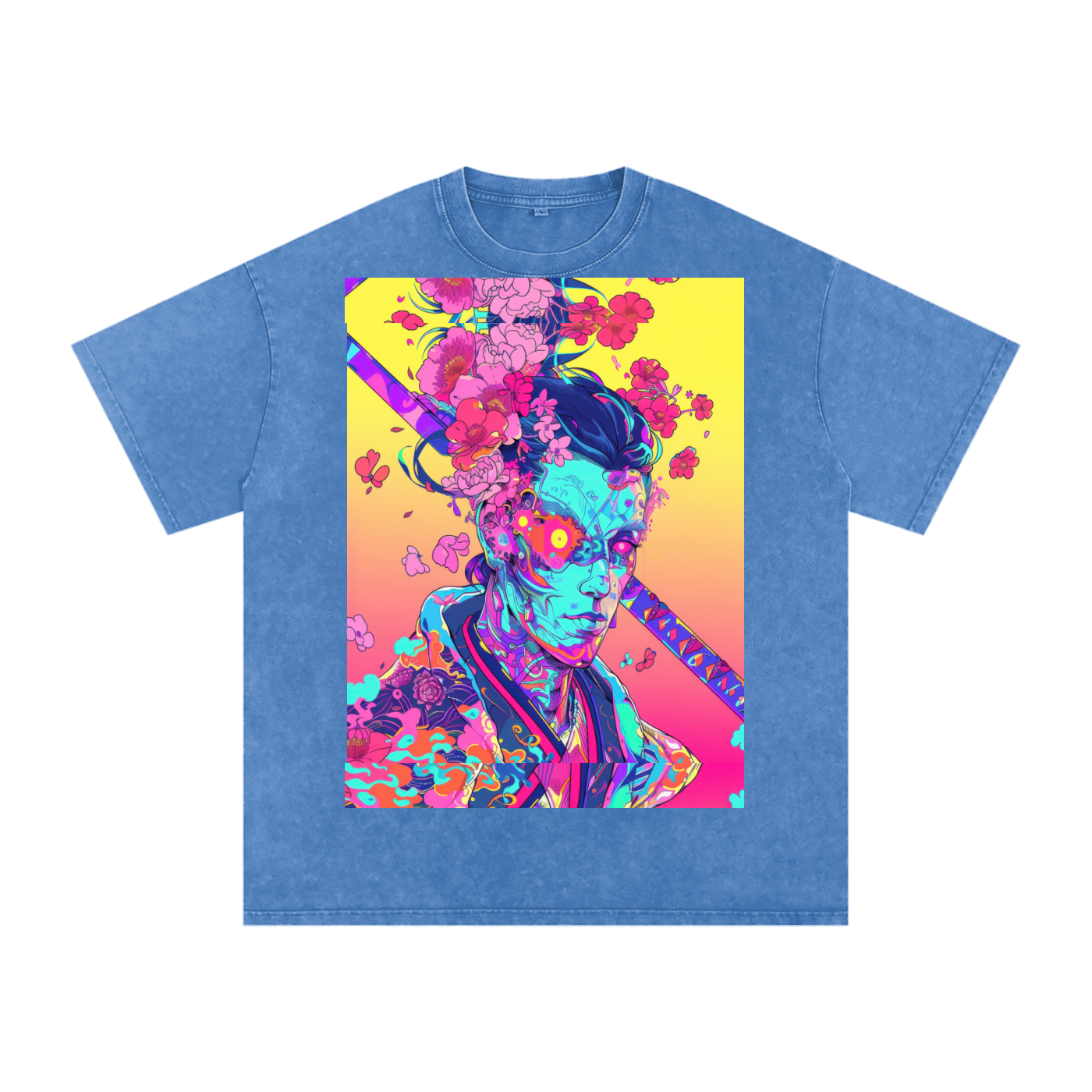 Avant Ombre Floral Samurai Cherry Blossoms Unisex Tee Snow Washed Oversized Cotton T-Shirt