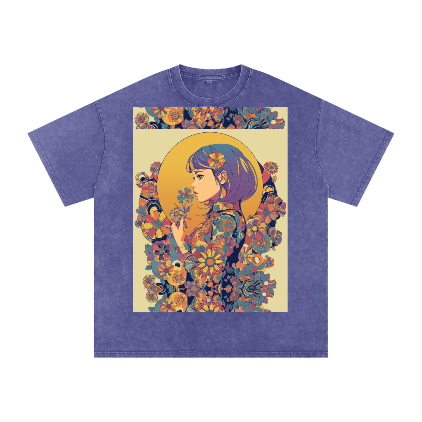 Retro Moon Boho Flapper Nouveau floral flower Maiden Snow Washed Oversized Cotton T-Shirt