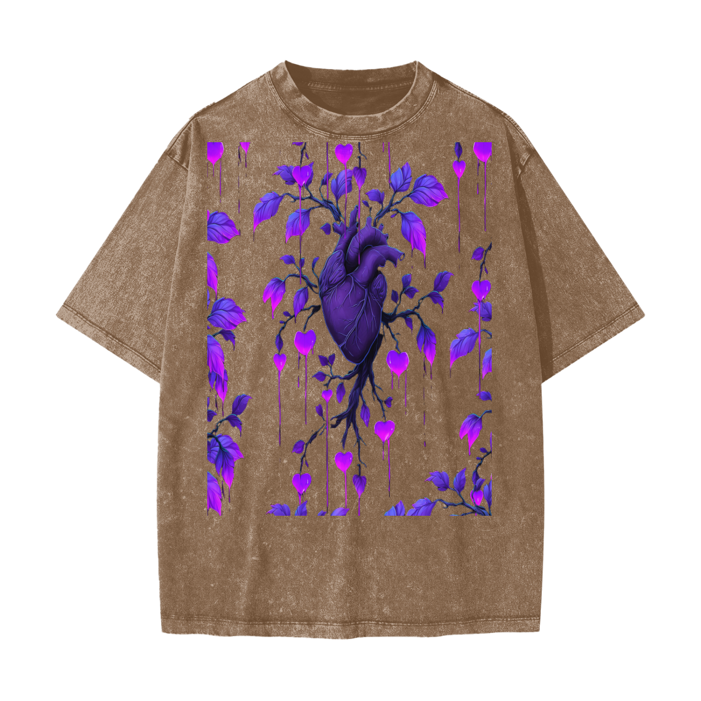 Neon Purple Heart Vine Goth Rave Festival Grunge Floral Snow Washed T-Shirt