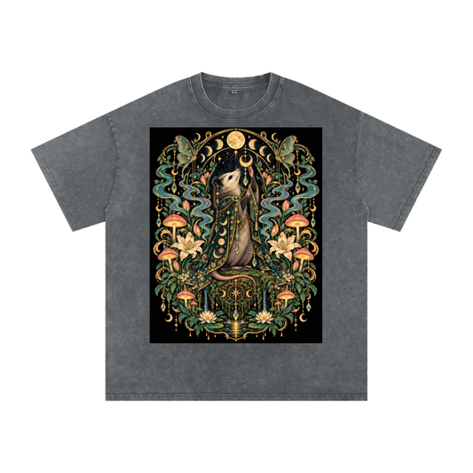 Opossum Wizard Mushroom Moonight Lunar Moth Cottagecore Night Grunge Fall Snow Washed Oversized Cotton T-Shirt